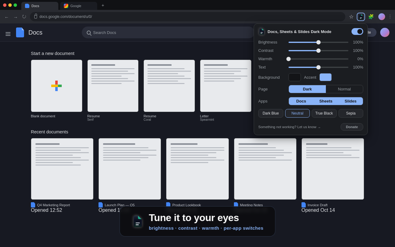 Panel de ajustes de Dark Mode for Docs — brillo, contraste, calidez y controles por app