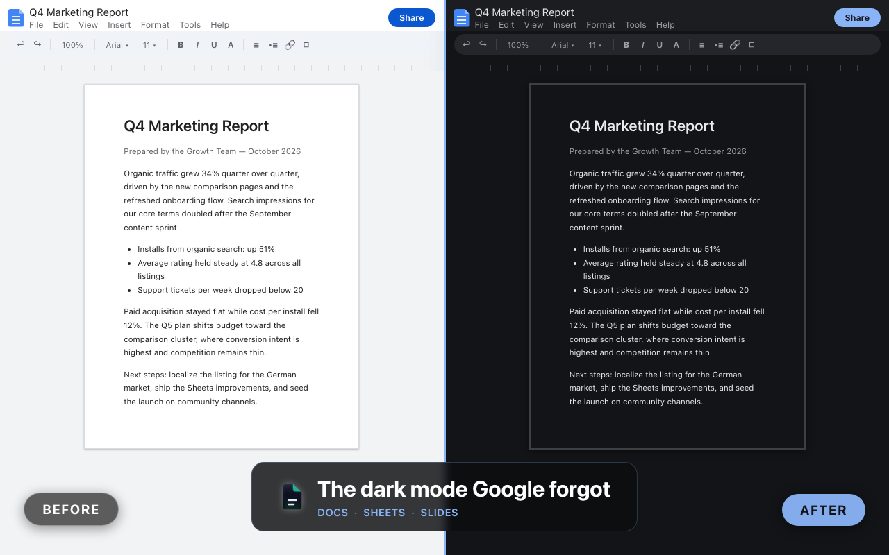 Google Docs en modo oscuro — antes y después con la extensión Dark Mode for Docs