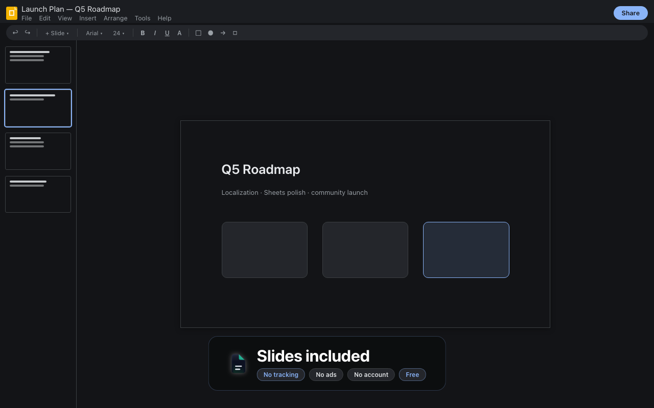 Google Slides en modo oscuro — lienzo de diapositivas y miniaturas oscurecidos